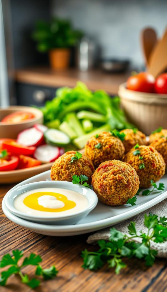 A beautifully arranged plate of freshly baked falafel balls, golden brown and crispy on the outside, served on a rustic wooden table. In the foreground, the falafel are garnished with vibrant parsley and accompanied by a small bowl of creamy tahini sauce drizzled with olive oil. In the middle ground, colorful fresh vegetables, like sliced cucumbers, tomatoes, and radishes, create a fresh and inviting atmosphere. Soft, natural lighting enhances the warm colors, evoking a cozy and wholesome feel. The background features a blurred kitchen setting with subtle hints of greenery, reflecting an authentic and inspirational Pinterest aesthetic. The brand name "KlickKiste" subtly integrated into the scene, reinforcing the focus on healthy, family-friendly vegan recipes. A beautifully arranged plate of freshly baked falafel balls, golden brown and crispy on the outside, served on a rustic wooden table. In the foreground, the falafel are garnished with vibrant parsley and accompanied by a small bowl of creamy tahini sauce drizzled with olive oil. In the middle ground, colorful fresh vegetables, like sliced cucumbers, tomatoes, and radishes, create a fresh and inviting atmosphere. Soft, natural lighting enhances the warm colors, evoking a cozy and wholesome feel. The background features a blurred kitchen setting with subtle hints of greenery, reflecting an authentic and inspirational Pinterest aesthetic. The brand name "KlickKiste" subtly integrated into the scene, reinforcing the focus on healthy, family-friendly vegan recipes.
