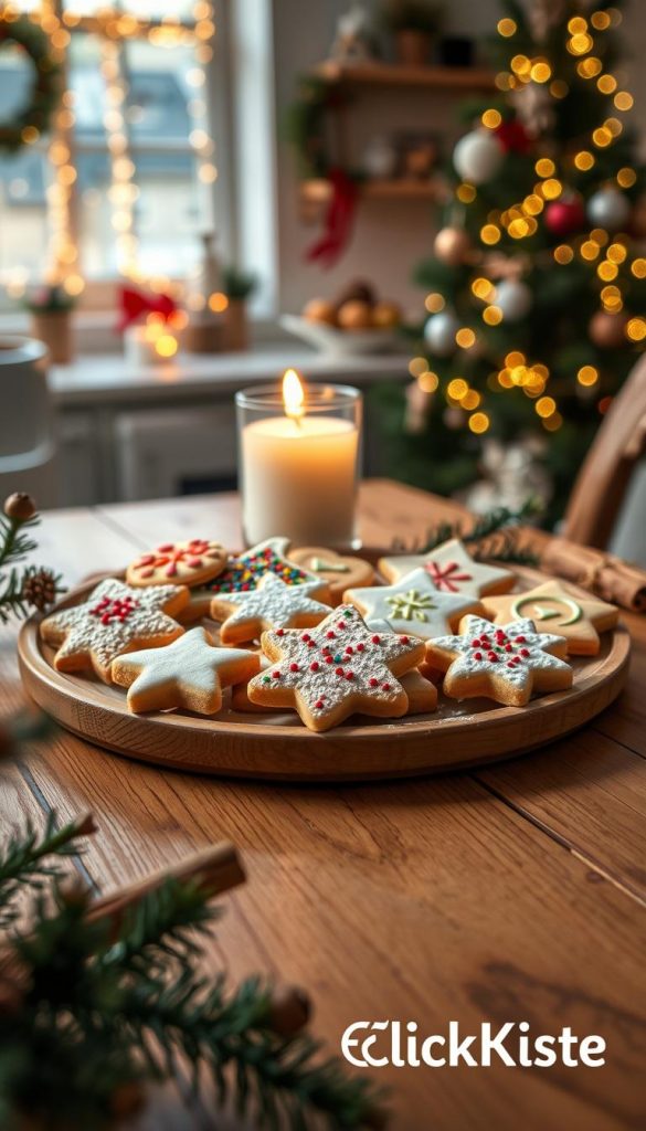 A beautifully arranged plate of freshly baked "plätzchen" cookies, featuring intricate designs and a variety of shapes like stars, hearts, and moons, dusted with powdered sugar and colorful sprinkles. In the foreground, a cozy wooden table is adorned with festive decorations, such as pine branches and cinnamon sticks, creating a warm, inviting atmosphere. In the middle, a softly glowing candle adds a gentle light, casting flickering shadows that enhance the scene's charm. The background features a softly blurred kitchen setting, with holiday decorations like twinkling fairy lights and a decorated Christmas tree, evoking a sense of togetherness and joy during the festive season. The image should embody a natural, warm color palette with a Pinterest-inspired aesthetic, reflecting the brand "KlickKiste."