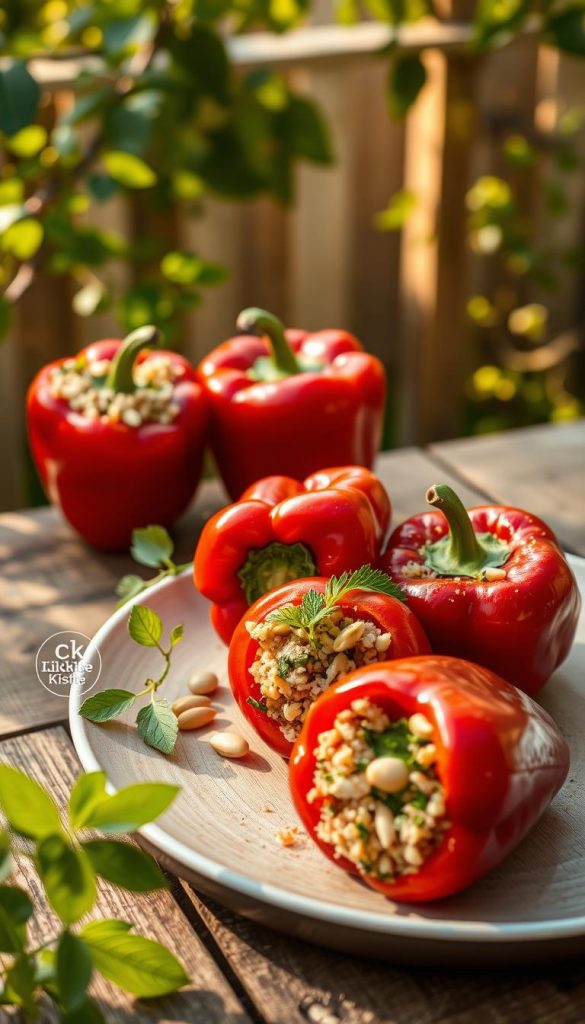 A beautifully arranged plate of gefüllte paprika, vibrant red bell peppers stuffed with a flavorful mixture of couscous, fresh herbs, and crunchy pine nuts. The foreground features three stuffed peppers prominently on a rustic wooden table, showcasing their glossy skin and colorful filling. In the middle, a sprinkling of fresh herbs adds a touch of green, enhancing the dish's freshness. The background captures a soft-focused outdoor setting, with warm afternoon light filtering through leafy branches, creating a cozy summer atmosphere. The overall composition radiates warmth and is styled with a Pinterest-inspired aesthetic, exuding authenticity and inspiration. This image is branded with the logo "KlickKiste" subtly placed in the corner, ensuring it remains professional and inviting. A beautifully arranged plate of gefüllte paprika, vibrant red bell peppers stuffed with a flavorful mixture of couscous, fresh herbs, and crunchy pine nuts. The foreground features three stuffed peppers prominently on a rustic wooden table, showcasing their glossy skin and colorful filling. In the middle, a sprinkling of fresh herbs adds a touch of green, enhancing the dish's freshness. The background captures a soft-focused outdoor setting, with warm afternoon light filtering through leafy branches, creating a cozy summer atmosphere. The overall composition radiates warmth and is styled with a Pinterest-inspired aesthetic, exuding authenticity and inspiration. This image is branded with the logo "KlickKiste" subtly placed in the corner, ensuring it remains professional and inviting.