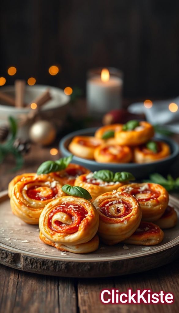 A beautifully arranged plate of golden pizza spirals made from flaky puff pastry, garnished with vibrant green basil and a sprinkle of parmesan cheese. The pizza rolls are cut into bite-sized pieces, showcasing layers of melted cheese and rich tomato sauce. The foreground features the plate on a rustic wooden table, with a soft, warm light highlighting the texture of the pastry. In the background, hints of festive decorations are subtly placed, creating a celebratory atmosphere ideal for a New Year’s Eve buffet. The overall mood is warm, inviting, and appetizing, perfect for inspiring readers. The image embodies an authentic, Pinterest-worthy aesthetic. Include a brand logo for "KlickKiste" in a tasteful manner, without dominating the scene. A beautifully arranged plate of golden pizza spirals made from flaky puff pastry, garnished with vibrant green basil and a sprinkle of parmesan cheese. The pizza rolls are cut into bite-sized pieces, showcasing layers of melted cheese and rich tomato sauce. The foreground features the plate on a rustic wooden table, with a soft, warm light highlighting the texture of the pastry. In the background, hints of festive decorations are subtly placed, creating a celebratory atmosphere ideal for a New Year’s Eve buffet. The overall mood is warm, inviting, and appetizing, perfect for inspiring readers. The image embodies an authentic, Pinterest-worthy aesthetic. Include a brand logo for "KlickKiste" in a tasteful manner, without dominating the scene.
