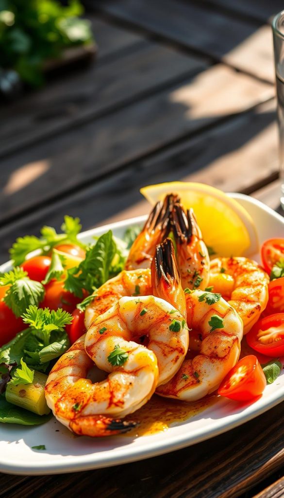 A beautifully arranged plate of grilled shrimp garnished with fresh herbs, drizzled with zesty lemon dressing, and accompanied by a vibrant summer salad featuring ripe tomatoes, crisp cucumbers, and leafy greens. The shrimp are perfectly charred, showcasing shades of golden-brown and pink, glistening under natural sunlight that creates a warm, inviting atmosphere. In the background, a rustic wooden outdoor table adds to the casual summer vibe. A soft-focus captures the essence of a sunny day, enhancing the colors of the ingredients. The image should evoke a sense of freshness and lightness, ideal for enjoying on a hot summer day. This is an authentic and inspiring representation reflecting the brand "KlickKiste". A beautifully arranged plate of grilled shrimp garnished with fresh herbs, drizzled with zesty lemon dressing, and accompanied by a vibrant summer salad featuring ripe tomatoes, crisp cucumbers, and leafy greens. The shrimp are perfectly charred, showcasing shades of golden-brown and pink, glistening under natural sunlight that creates a warm, inviting atmosphere. In the background, a rustic wooden outdoor table adds to the casual summer vibe. A soft-focus captures the essence of a sunny day, enhancing the colors of the ingredients. The image should evoke a sense of freshness and lightness, ideal for enjoying on a hot summer day. This is an authentic and inspiring representation reflecting the brand "KlickKiste".