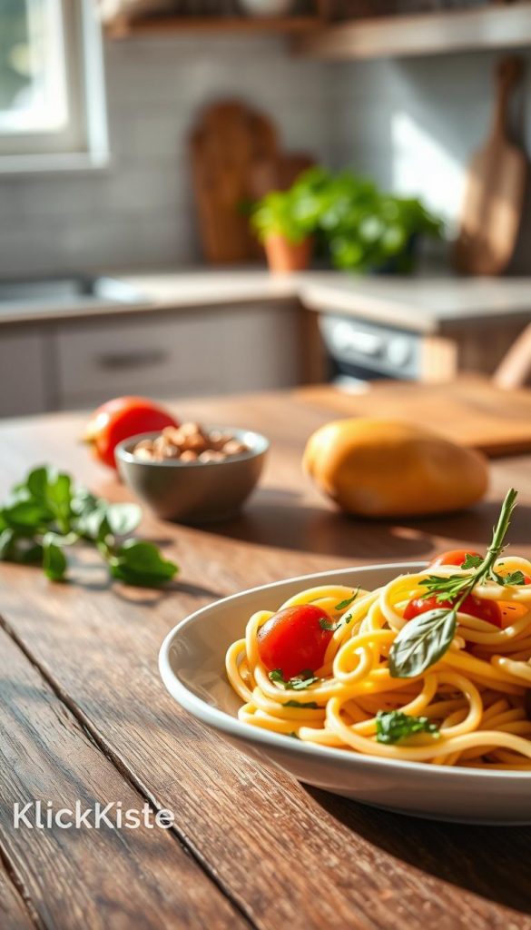 A beautifully arranged plate of healthy, allergen-friendly pasta dish, featuring vibrant vegetables like spinach, cherry tomatoes, and bell peppers, garnished with fresh herbs. In the foreground, the pasta is presented on a rustic wooden table, with natural lighting casting gentle shadows that enhance the textures. In the middle ground, a small bowl of nuts and seeds is artfully placed, signifying budget-friendly options. The background showcases a soft-focus kitchen scene with hints of natural light streaming in, creating a warm and inviting atmosphere. The overall mood is authentic and inspiring, resembling a stylish Pinterest aesthetic. The brand name "KlickKiste" subtly integrated into the design of the table setting, ensuring a cohesive look without text overlays.