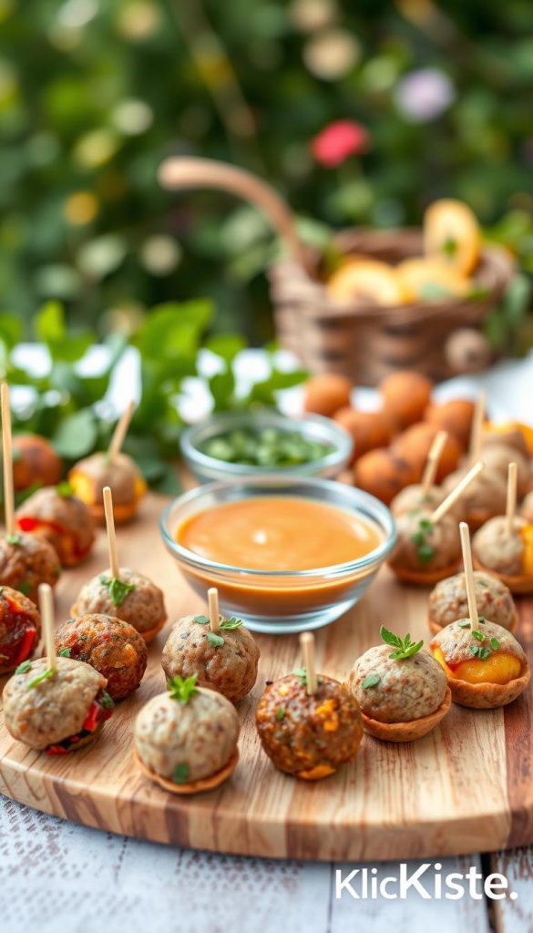 A beautifully arranged plate of "herzhafte Bällchen" finger food, featuring a variety of options such as turkey meatballs, colorful vegetable balls, and tofu bites. The foreground showcases these appetizing treats, each garnished with herbs and served in stylish bite-sized portions. In the middle, a bright, rustic wooden table enhances the inviting atmosphere, with a selection of dipping sauces in small bowls. The background features blurred greenery, suggesting an outdoor picnic setting. Soft, natural lighting bathes the scene in warm hues, creating a cozy and inviting mood. The overall composition should reflect an authentic and inspirational aesthetic, reminiscent of a Pinterest photo. Brand signature in the bottom corner: "KlickKiste". A beautifully arranged plate of "herzhafte Bällchen" finger food, featuring a variety of options such as turkey meatballs, colorful vegetable balls, and tofu bites. The foreground showcases these appetizing treats, each garnished with herbs and served in stylish bite-sized portions. In the middle, a bright, rustic wooden table enhances the inviting atmosphere, with a selection of dipping sauces in small bowls. The background features blurred greenery, suggesting an outdoor picnic setting. Soft, natural lighting bathes the scene in warm hues, creating a cozy and inviting mood. The overall composition should reflect an authentic and inspirational aesthetic, reminiscent of a Pinterest photo. Brand signature in the bottom corner: "KlickKiste".