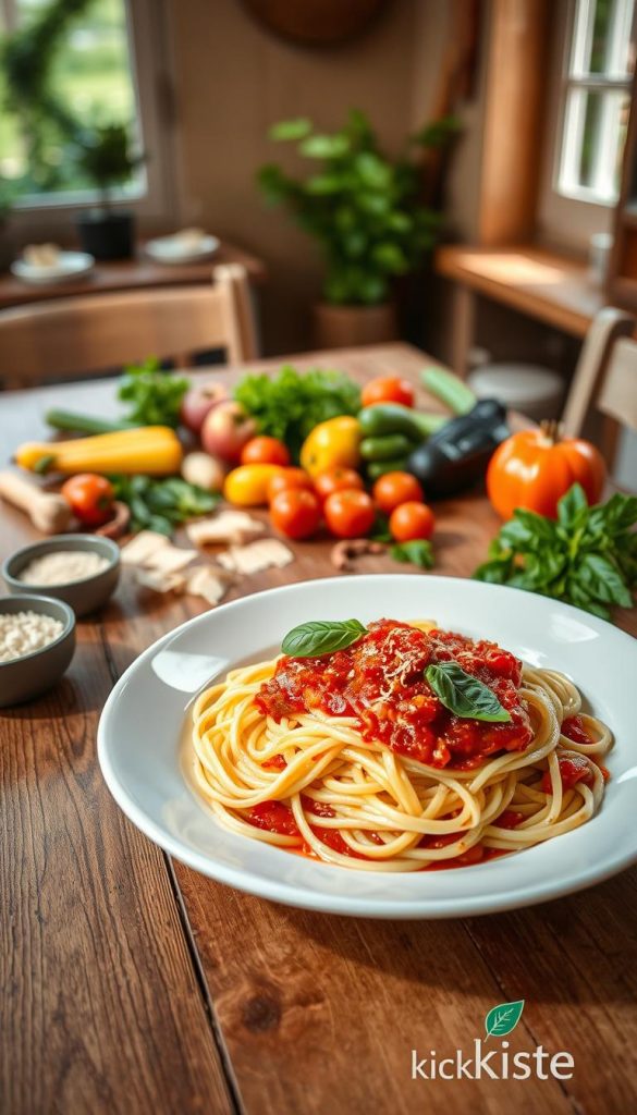 A beautifully arranged plate of homemade "nudeln" (noodles) sits prominently in the foreground, showcasing the delicate strands topped with a rich, vibrant tomato sauce and garnished with fresh basil leaves. The middle ground features a wooden table with a scattered selection of colorful fresh vegetables, herbs, and a small bowl of grated parmesan cheese, creating a warm and inviting atmosphere. In the background, soft, natural light filters through a window, illuminating the scene to enhance the warm color palette typical of cozy Italian kitchens. The overall mood is authentic and inspiring, perfect for a culinary article. The branding "KlickKiste" is subtly represented with a small logo visible on the dining table, blending seamlessly with the overall aesthetic.