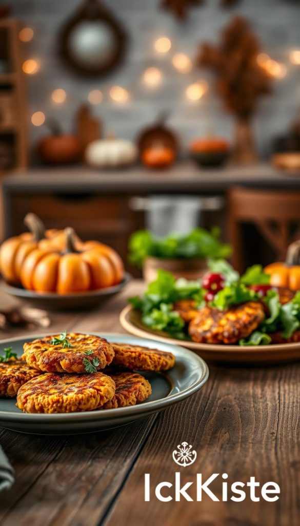 A beautifully arranged plate of kürbis kichererbsenpuffer (pumpkin chickpea fritters) is positioned prominently in the foreground, showcasing their golden-brown exterior with a crispy texture, garnished with fresh herbs and a side of vibrant green salad. In the middle ground, a rustic wooden table sets the scene, and in the background, a soft focus of an autumn kitchen with warm, ambient lighting captures cozy seasonal decorations like pumpkins and dried leaves. The image evokes warmth and homeliness, reflecting the essence of autumn. A warm color palette with earthy tones enhances the natural feel. The composition is shot with a shallow depth of field, creating a dreamy Pinterest-inspired aesthetic. Includes the brand name "KlickKiste" subtly integrated into the setting, ensuring it is visually appealing and authentic. A beautifully arranged plate of kürbis kichererbsenpuffer (pumpkin chickpea fritters) is positioned prominently in the foreground, showcasing their golden-brown exterior with a crispy texture, garnished with fresh herbs and a side of vibrant green salad. In the middle ground, a rustic wooden table sets the scene, and in the background, a soft focus of an autumn kitchen with warm, ambient lighting captures cozy seasonal decorations like pumpkins and dried leaves. The image evokes warmth and homeliness, reflecting the essence of autumn. A warm color palette with earthy tones enhances the natural feel. The composition is shot with a shallow depth of field, creating a dreamy Pinterest-inspired aesthetic. Includes the brand name "KlickKiste" subtly integrated into the setting, ensuring it is visually appealing and authentic.