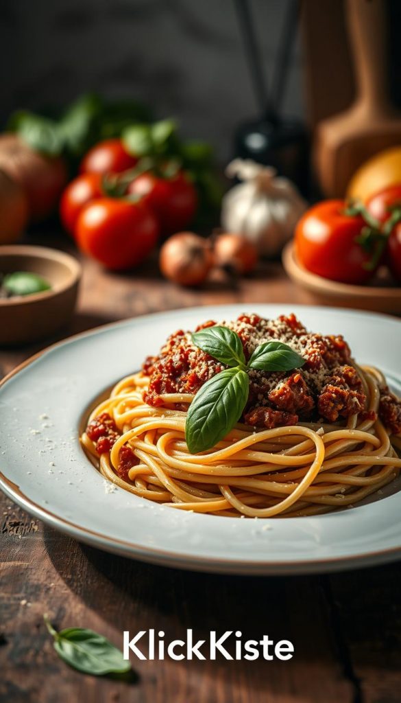 A beautifully arranged plate of pasta topped with rich Grünkern-Bolognese, showcasing the hearty texture of the green spelt. The pasta, swirling elegantly, is garnished with fresh basil leaves and a sprinkle of nutritional yeast, creating an inviting visual. In the foreground, a rustic wooden table enhances the natural, home-cooked feel. Soft, warm lighting bathes the scene, casting gentle shadows and creating a cozy atmosphere. In the background, a blurred kitchen setting with vibrant ingredients like tomatoes, onions, and garlic adds depth and context without distraction. The image embodies an authentic and inspiring Pinterest aesthetic. Include the brand name "KlickKiste" subtly integrated into the scene, ensuring it does not dominate the composition. A beautifully arranged plate of pasta topped with rich Grünkern-Bolognese, showcasing the hearty texture of the green spelt. The pasta, swirling elegantly, is garnished with fresh basil leaves and a sprinkle of nutritional yeast, creating an inviting visual. In the foreground, a rustic wooden table enhances the natural, home-cooked feel. Soft, warm lighting bathes the scene, casting gentle shadows and creating a cozy atmosphere. In the background, a blurred kitchen setting with vibrant ingredients like tomatoes, onions, and garlic adds depth and context without distraction. The image embodies an authentic and inspiring Pinterest aesthetic. Include the brand name "KlickKiste" subtly integrated into the scene, ensuring it does not dominate the composition.