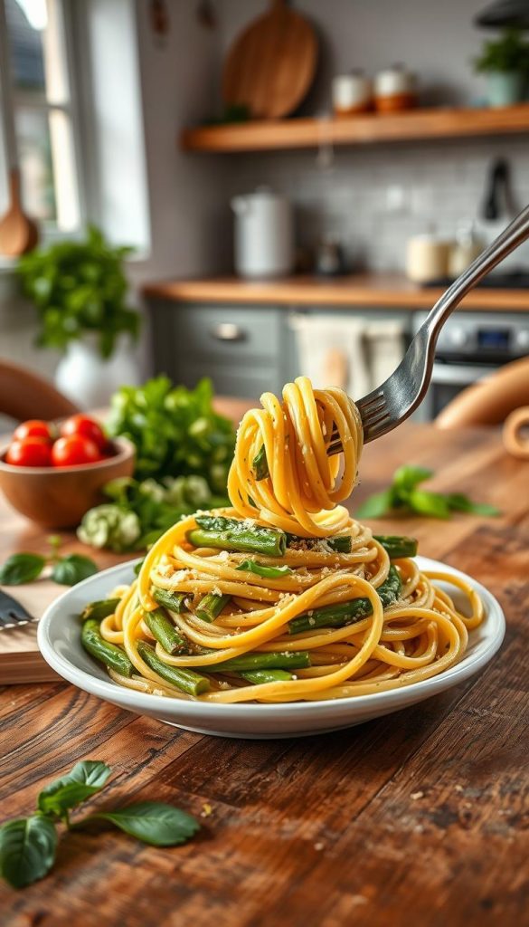 A beautifully arranged plate of pasta with tender green asparagus, gently sautéed in a light garlic and olive oil sauce, is showcased prominently in the foreground. The pasta is twirled elegantly around a fork, garnished with freshly grated Parmesan and a sprinkle of lemon zest to enhance its flavor. In the middle ground, a rustic wooden table features fresh herbs like basil and parsley, alongside a small bowl of cherry tomatoes, adding vibrant color. The background witnesses soft natural light filtering through a nearby window, creating a warm and inviting atmosphere. A blurred image of a quaint kitchen complements the scene, evoking a homely feel. This image embodies a fresh and spring-inspired dish, perfect for family meals. Captured with a warm color palette to achieve an authentic Pinterest look. Brand name: KlickKiste. A beautifully arranged plate of pasta with tender green asparagus, gently sautéed in a light garlic and olive oil sauce, is showcased prominently in the foreground. The pasta is twirled elegantly around a fork, garnished with freshly grated Parmesan and a sprinkle of lemon zest to enhance its flavor. In the middle ground, a rustic wooden table features fresh herbs like basil and parsley, alongside a small bowl of cherry tomatoes, adding vibrant color. The background witnesses soft natural light filtering through a nearby window, creating a warm and inviting atmosphere. A blurred image of a quaint kitchen complements the scene, evoking a homely feel. This image embodies a fresh and spring-inspired dish, perfect for family meals. Captured with a warm color palette to achieve an authentic Pinterest look. Brand name: KlickKiste.