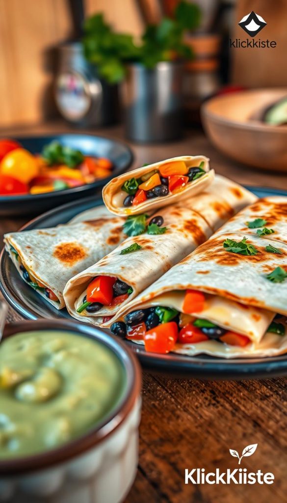 A beautifully arranged plate of quesadillas filled with melting cheese, black beans, and colorful fresh vegetables like bell peppers and spinach, topped with a sprinkle of fresh cilantro. The quesadillas are cut into wedges, showcasing the vibrant filling. In the foreground, a small bowl of creamy guacamole sits invitingly, ready for dipping. The scene is illuminated with warm, natural lighting, creating a cozy and inviting atmosphere, reminiscent of a Pinterest-worthy kitchen. The background features a simple wooden table and some rustic kitchen elements, enhancing the rustic charm. Capturing the essence of a quick and delightful family meal, this image is branded with the logo of "KlickKiste" subtly placed in the corner. A beautifully arranged plate of quesadillas filled with melting cheese, black beans, and colorful fresh vegetables like bell peppers and spinach, topped with a sprinkle of fresh cilantro. The quesadillas are cut into wedges, showcasing the vibrant filling. In the foreground, a small bowl of creamy guacamole sits invitingly, ready for dipping. The scene is illuminated with warm, natural lighting, creating a cozy and inviting atmosphere, reminiscent of a Pinterest-worthy kitchen. The background features a simple wooden table and some rustic kitchen elements, enhancing the rustic charm. Capturing the essence of a quick and delightful family meal, this image is branded with the logo of "KlickKiste" subtly placed in the corner.