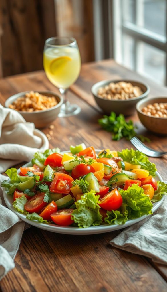 A beautifully arranged plate of salat featuring a colorful mix of fresh vegetables like vibrant green lettuce, juicy tomatoes, crisp cucumbers, and bright bell peppers. The salat is garnished with aromatic herbs and a light drizzle of olive oil, showcasing a healthy meal prepared without cooking. In the foreground, the plate rests on a rustic wooden table, surrounded by soft fabric napkins and a glass of refreshing lemonade. In the middle background, there are additional ingredients like a bowl of quinoa or chickpeas, conveying a sense of meal preparation. The scene is bathed in warm, natural light, evoking an inviting and cozy atmosphere. The overall vibe is authentic and inspiring, reminiscent of Pinterest aesthetics, with the brand name "KlickKiste" subtly integrated into the setting. A beautifully arranged plate of salat featuring a colorful mix of fresh vegetables like vibrant green lettuce, juicy tomatoes, crisp cucumbers, and bright bell peppers. The salat is garnished with aromatic herbs and a light drizzle of olive oil, showcasing a healthy meal prepared without cooking. In the foreground, the plate rests on a rustic wooden table, surrounded by soft fabric napkins and a glass of refreshing lemonade. In the middle background, there are additional ingredients like a bowl of quinoa or chickpeas, conveying a sense of meal preparation. The scene is bathed in warm, natural light, evoking an inviting and cozy atmosphere. The overall vibe is authentic and inspiring, reminiscent of Pinterest aesthetics, with the brand name "KlickKiste" subtly integrated into the setting.