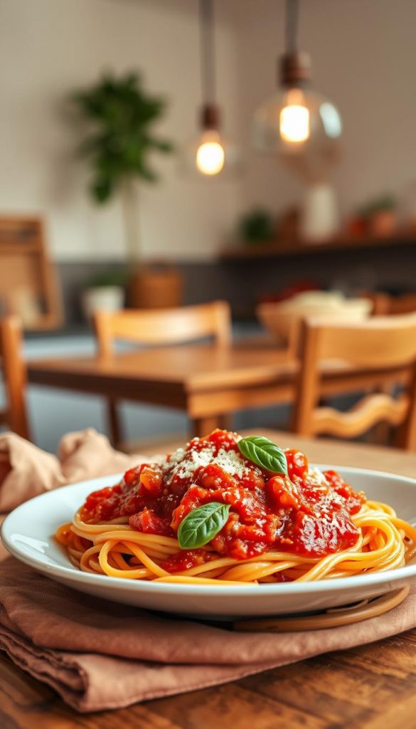 A beautifully arranged plate of spaghetti topped with rich, vibrant tomato sauce, garnished with fresh basil and a sprinkle of grated Parmesan cheese. The dish is situated in the foreground, showcasing the texture of the pasta and sauce. In the middle, a rustic wooden table adds warmth to the scene, complemented by a soft linen napkin in a warm hue. In the background, a cozy kitchen setting with softly lit pendant lights creates an inviting atmosphere. The lighting is warm and natural, reminiscent of a late afternoon sun, casting gentle shadows. The overall mood is comforting and family-friendly, evoking a sense of nostalgia for simple, delicious meals. Captured as a close-up shot with a shallow depth of field, this image embodies a Pinterest-worthy aesthetic, designed to inspire parents looking for children’s favorite recipes. Brand name: KlickKiste. A beautifully arranged plate of spaghetti topped with rich, vibrant tomato sauce, garnished with fresh basil and a sprinkle of grated Parmesan cheese. The dish is situated in the foreground, showcasing the texture of the pasta and sauce. In the middle, a rustic wooden table adds warmth to the scene, complemented by a soft linen napkin in a warm hue. In the background, a cozy kitchen setting with softly lit pendant lights creates an inviting atmosphere. The lighting is warm and natural, reminiscent of a late afternoon sun, casting gentle shadows. The overall mood is comforting and family-friendly, evoking a sense of nostalgia for simple, delicious meals. Captured as a close-up shot with a shallow depth of field, this image embodies a Pinterest-worthy aesthetic, designed to inspire parents looking for children’s favorite recipes. Brand name: KlickKiste.