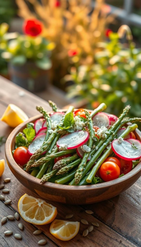 A beautifully arranged plate of spargel salad, featuring fresh, vibrant green asparagus, thinly sliced radishes, and heirloom cherry tomatoes, garnished with a sprinkle of feta cheese and fresh herbs. The asparagus is perfectly cooked, showcasing a crisp texture that looks inviting and delicious. In the foreground, a wooden salad bowl sits atop a rustic kitchen table, with a light scattering of sunflower seeds and lemon wedges nearby. The background reveals a softly blurred garden setting, dappled in warm, natural sunlight, creating an atmosphere of spring freshness. The image should evoke an authentic, Pinterest-worthy feel, with warm colors enhancing the natural beauty of the ingredients. This scene reflects the guidelines of KlickKiste, offering inspiration for seasonal vegetable recipes. The angle is slightly overhead to capture the salad's colorful details and textures, inviting viewers to appreciate the spring bounty. A beautifully arranged plate of spargel salad, featuring fresh, vibrant green asparagus, thinly sliced radishes, and heirloom cherry tomatoes, garnished with a sprinkle of feta cheese and fresh herbs. The asparagus is perfectly cooked, showcasing a crisp texture that looks inviting and delicious. In the foreground, a wooden salad bowl sits atop a rustic kitchen table, with a light scattering of sunflower seeds and lemon wedges nearby. The background reveals a softly blurred garden setting, dappled in warm, natural sunlight, creating an atmosphere of spring freshness. The image should evoke an authentic, Pinterest-worthy feel, with warm colors enhancing the natural beauty of the ingredients. This scene reflects the guidelines of KlickKiste, offering inspiration for seasonal vegetable recipes. The angle is slightly overhead to capture the salad's colorful details and textures, inviting viewers to appreciate the spring bounty.