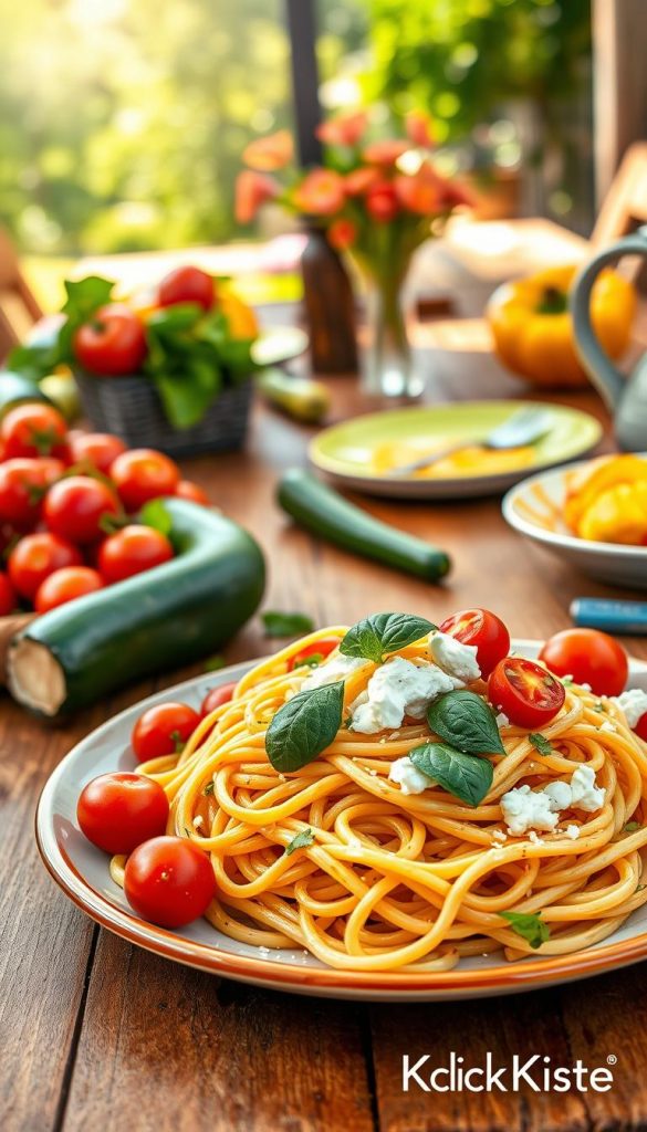 A beautifully arranged plate of summer pasta featuring vibrant ingredients like cherry tomatoes, fresh basil, and creamy ricotta, garnished with a drizzle of olive oil. In the foreground, the pasta is artfully twisted and surrounded by a colorful medley of vegetables like zucchini and bell peppers. The middle layer displays a rustic wooden table, adorned with bright, cheerful tableware with a Pinterest aesthetic. The background includes a sunlit outdoor setting, with soft natural light filtering through leaves, creating a warm and inviting atmosphere. The image reflects a refreshing summer vibe, evoking a sense of relaxation and inspiration for cooking. The logo "KlickKiste" subtly appears on the edge of the table. A beautifully arranged plate of summer pasta featuring vibrant ingredients like cherry tomatoes, fresh basil, and creamy ricotta, garnished with a drizzle of olive oil. In the foreground, the pasta is artfully twisted and surrounded by a colorful medley of vegetables like zucchini and bell peppers. The middle layer displays a rustic wooden table, adorned with bright, cheerful tableware with a Pinterest aesthetic. The background includes a sunlit outdoor setting, with soft natural light filtering through leaves, creating a warm and inviting atmosphere. The image reflects a refreshing summer vibe, evoking a sense of relaxation and inspiration for cooking. The logo "KlickKiste" subtly appears on the edge of the table.