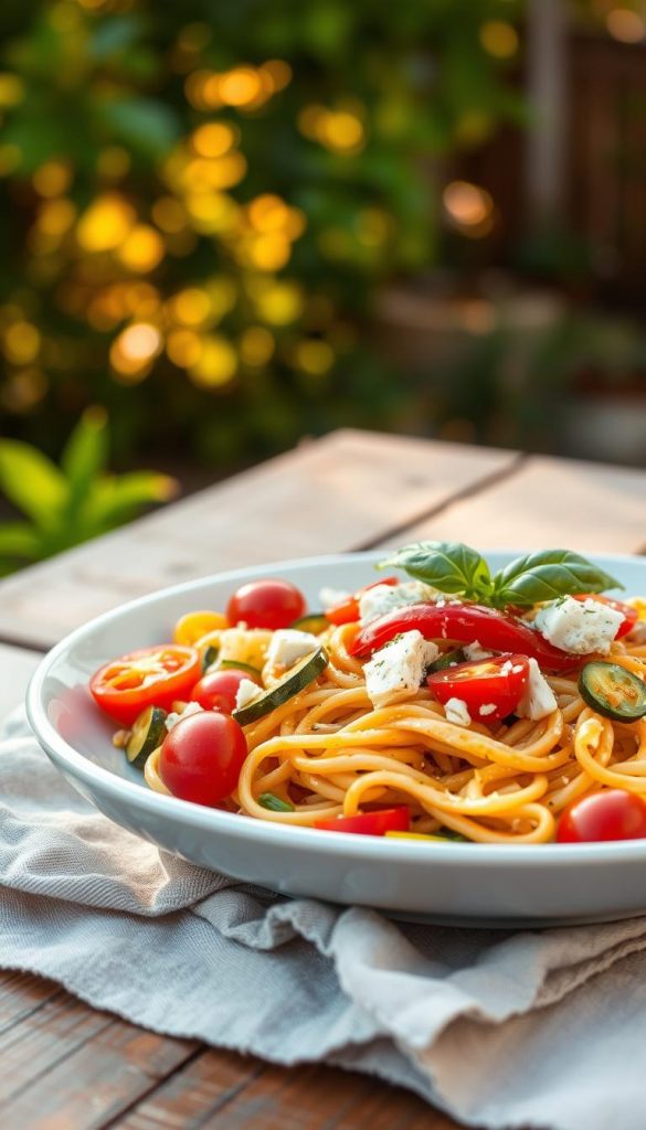 A beautifully arranged plate of summer pasta with feta cheese, featuring a vibrant mix of seasonal vegetables like cherry tomatoes, zucchini, and bell peppers. The pasta is al dente, tossed in a light olive oil dressing and garnished with fresh basil. In the foreground, the plate is artistically placed on a rustic wooden table, adorned with a linen napkin. The middle background reveals a softly blurred garden setting with warm golden hour sunlight filtering through green leaves, creating an inviting atmosphere. The image captures a cozy, relaxed summer evening vibe, perfect for outdoor dining. The composition is warm and inspirational, showcasing the dish's colors in a Pinterest-worthy style. Branding subtly integrated with "KlickKiste" on the plate. A beautifully arranged plate of summer pasta with feta cheese, featuring a vibrant mix of seasonal vegetables like cherry tomatoes, zucchini, and bell peppers. The pasta is al dente, tossed in a light olive oil dressing and garnished with fresh basil. In the foreground, the plate is artistically placed on a rustic wooden table, adorned with a linen napkin. The middle background reveals a softly blurred garden setting with warm golden hour sunlight filtering through green leaves, creating an inviting atmosphere. The image captures a cozy, relaxed summer evening vibe, perfect for outdoor dining. The composition is warm and inspirational, showcasing the dish's colors in a Pinterest-worthy style. Branding subtly integrated with "KlickKiste" on the plate.