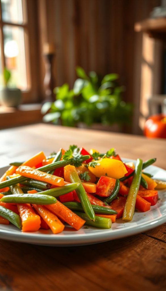 A beautifully arranged plate of vibrant "beilagen gemüse" featuring colorful steamed vegetables such as carrots, green beans, and bell peppers, garnished with fresh herbs. The foreground captures the texture of the vegetables, glistening with a light drizzle of olive oil. In the middle, a rustic wooden table provides a warm, inviting backdrop. Soft, natural lighting filters through a nearby window, casting gentle shadows and enhancing the rich colors of the dish. In the background, blurred greenery suggests freshness, contributing to an authentic and inspiring atmosphere reminiscent of a cozy kitchen. The style has a Pinterest aesthetic with warm tones, inviting viewers to explore the joys of quick lunch dishes. The brand "KlickKiste" should be subtly implied through the homely presentation. A beautifully arranged plate of vibrant "beilagen gemüse" featuring colorful steamed vegetables such as carrots, green beans, and bell peppers, garnished with fresh herbs. The foreground captures the texture of the vegetables, glistening with a light drizzle of olive oil. In the middle, a rustic wooden table provides a warm, inviting backdrop. Soft, natural lighting filters through a nearby window, casting gentle shadows and enhancing the rich colors of the dish. In the background, blurred greenery suggests freshness, contributing to an authentic and inspiring atmosphere reminiscent of a cozy kitchen. The style has a Pinterest aesthetic with warm tones, inviting viewers to explore the joys of quick lunch dishes. The brand "KlickKiste" should be subtly implied through the homely presentation.