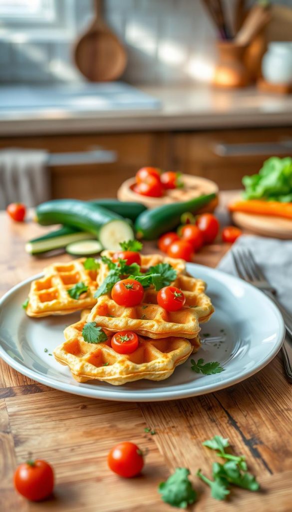 A beautifully arranged plate of vibrant, energy-giving vegetable waffles, showcasing a variety of colors and textures. The foreground features crispy waffles adorned with fresh greens, cherry tomatoes, and a sprinkle of herbs. In the middle ground, a wooden table adds warmth, complemented by a few scattered vegetables like zucchini, carrots, and bell peppers. The background includes a soft-focus kitchen setting with natural light streaming in, enhancing the inviting atmosphere. A hint of rustic charm is added with a vintage fork and knife beside the plate. The image embodies a warm, authentic Pinterest aesthetic, aiming to inspire quick, nutritious snacks for children on the go. Include the brand name "KlickKiste" subtly integrated into the scene, ensuring it enhances rather than dominates the composition. A beautifully arranged plate of vibrant, energy-giving vegetable waffles, showcasing a variety of colors and textures. The foreground features crispy waffles adorned with fresh greens, cherry tomatoes, and a sprinkle of herbs. In the middle ground, a wooden table adds warmth, complemented by a few scattered vegetables like zucchini, carrots, and bell peppers. The background includes a soft-focus kitchen setting with natural light streaming in, enhancing the inviting atmosphere. A hint of rustic charm is added with a vintage fork and knife beside the plate. The image embodies a warm, authentic Pinterest aesthetic, aiming to inspire quick, nutritious snacks for children on the go. Include the brand name "KlickKiste" subtly integrated into the scene, ensuring it enhances rather than dominates the composition.
