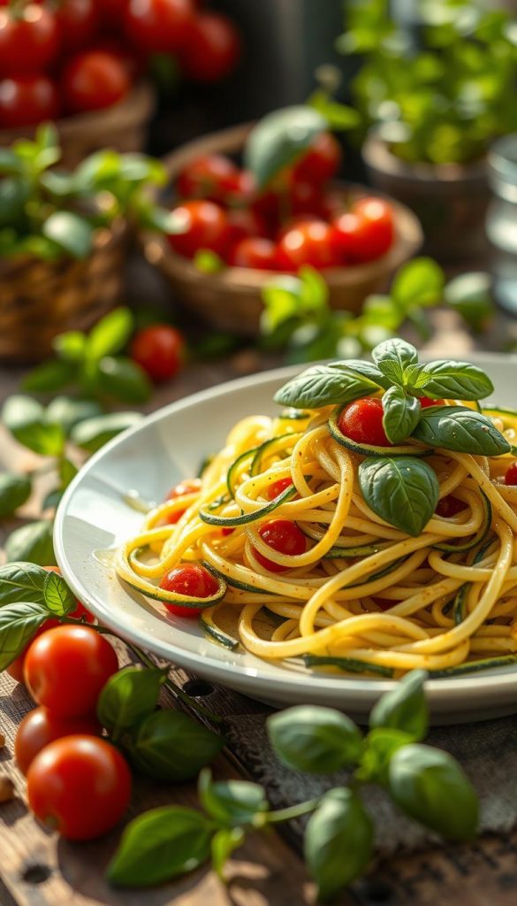 A beautifully arranged plate of zucchini pasta, spiraled and elegantly intertwined, garnished with fresh basil leaves and cherry tomatoes, showcasing vibrant greens and reds. The pasta is artfully drizzled with olive oil, reflecting soft warm sunlight that creates a glistening effect. In the background, a rustic wooden table enhances the authentic and inspiring atmosphere, surrounded by fresh vegetables and herbs, evoking a cozy summer kitchen. Soft-focus elements hint at a colorful garden setting, filled with lush plants. The mood is light and refreshing, perfect for a warm day. Shot with a warm lighting effect, utilizing a shallow depth of field for a Pinterest-inspired look. By KlickKiste. A beautifully arranged plate of zucchini pasta, spiraled and elegantly intertwined, garnished with fresh basil leaves and cherry tomatoes, showcasing vibrant greens and reds. The pasta is artfully drizzled with olive oil, reflecting soft warm sunlight that creates a glistening effect. In the background, a rustic wooden table enhances the authentic and inspiring atmosphere, surrounded by fresh vegetables and herbs, evoking a cozy summer kitchen. Soft-focus elements hint at a colorful garden setting, filled with lush plants. The mood is light and refreshing, perfect for a warm day. Shot with a warm lighting effect, utilizing a shallow depth of field for a Pinterest-inspired look. By KlickKiste.