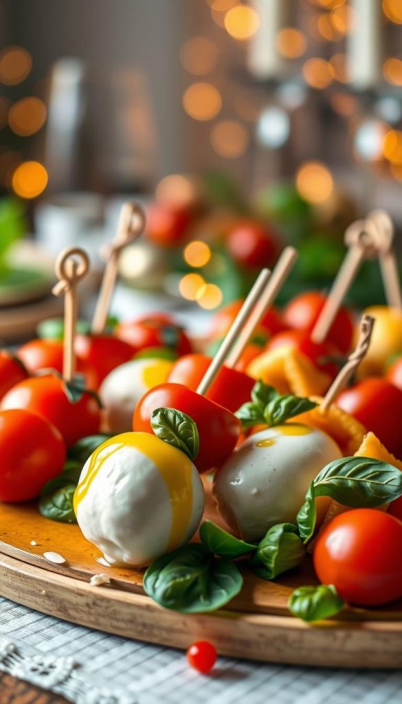 A beautifully arranged platter featuring vibrant mozzarella, cherry tomatoes, and tortellini skewers, capturing the essence of delightful finger food. In the foreground, luscious mozzarella balls glisten with a drizzle of olive oil, accompanied by bright red tomatoes and colorful tortellini, all artfully skewered on wooden picks. The middle ground showcases the rich textures and colors of fresh basil leaves scattered around, adding a touch of greenery. The background is softly blurred, hinting at a festive table setting adorned with warm, ambient lighting, evoking a cozy New Year's Eve atmosphere. The overall image radiates a natural, Pinterest-inspired aesthetic with warm colors, creating an inviting and authentic vibe. Inspired by the brand KlickKiste. A beautifully arranged platter featuring vibrant mozzarella, cherry tomatoes, and tortellini skewers, capturing the essence of delightful finger food. In the foreground, luscious mozzarella balls glisten with a drizzle of olive oil, accompanied by bright red tomatoes and colorful tortellini, all artfully skewered on wooden picks. The middle ground showcases the rich textures and colors of fresh basil leaves scattered around, adding a touch of greenery. The background is softly blurred, hinting at a festive table setting adorned with warm, ambient lighting, evoking a cozy New Year's Eve atmosphere. The overall image radiates a natural, Pinterest-inspired aesthetic with warm colors, creating an inviting and authentic vibe. Inspired by the brand KlickKiste.