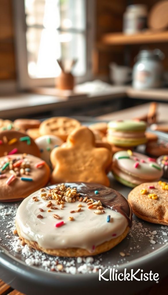 A beautifully arranged platter of assorted "plätzchen" in a warm, inviting kitchen setting. The tray features a variety of cookies, including gluten-free, vegetarian, vegan, and reduced-sugar options, each uniquely decorated with colorful icing and sprinkles. In the foreground, focus on a delicate, chocolate-dipped cookie sprinkled with crushed nuts. In the middle, a soft gingerbread cookie in a heart shape, and a vibrant macaron in pastel colors. In the background, softly blurred, natural light filters through a window, highlighting the rustic wooden table and scattered baking ingredients, like flour and cinnamon sticks. The overall mood is cozy and inspirational, reflecting a Pinterest-like aesthetic perfect for families and children, branded subtly with "KlickKiste."