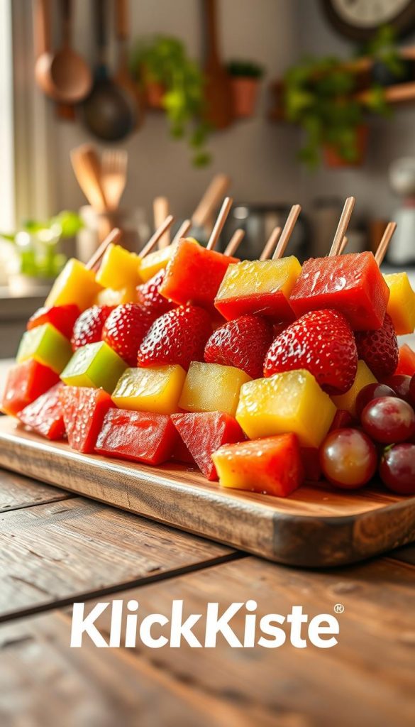 A beautifully arranged platter of colorful fruit skewers, known as "obstspieße," featuring vibrant pieces of watermelon, pineapple, strawberries, and grapes. In the foreground, the skewers are neatly placed on a rustic wooden table, showcasing the delicious fruits glistening with natural droplets of water. The middle ground captures a softly blurred kitchen setting, with sunlight streaming through a window, providing warm, inviting lighting that enhances the fresh, vibrant colors of the fruits. The background includes subtle hints of kitchen utensils and potted herbs, creating a cozy and homely atmosphere. The overall mood is inspiring and wholesome, ideal for a family-friendly setting. The image should convey the brand "KlickKiste" through its vibrant and appealing presentation without any text or overlays. A beautifully arranged platter of colorful fruit skewers, known as "obstspieße," featuring vibrant pieces of watermelon, pineapple, strawberries, and grapes. In the foreground, the skewers are neatly placed on a rustic wooden table, showcasing the delicious fruits glistening with natural droplets of water. The middle ground captures a softly blurred kitchen setting, with sunlight streaming through a window, providing warm, inviting lighting that enhances the fresh, vibrant colors of the fruits. The background includes subtle hints of kitchen utensils and potted herbs, creating a cozy and homely atmosphere. The overall mood is inspiring and wholesome, ideal for a family-friendly setting. The image should convey the brand "KlickKiste" through its vibrant and appealing presentation without any text or overlays.