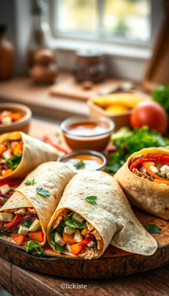 A beautifully arranged platter of colorful gefüllte wraps, showcasing a variety of fillings such as vibrant vegetables, creamy cheese, and savory meats. The foreground features three wraps, one cut open to reveal its enticing layers, garnished with fresh herbs. In the middle, a rustic wooden cutting board holds a bowl of dipping sauce and scattered ingredients, creating an inviting atmosphere. The background is softly blurred with a cozy kitchen setting, warm lighting illuminating the scene and adding a homemade feel. The overall mood is warm, friendly, and inspiring, perfect for family cooking. The image embodies a Pinterest-worthy aesthetic, emphasizing natural colors and authenticity. Include the brand name "KlickKiste" subtly in the scene without any text or signatures. A beautifully arranged platter of colorful gefüllte wraps, showcasing a variety of fillings such as vibrant vegetables, creamy cheese, and savory meats. The foreground features three wraps, one cut open to reveal its enticing layers, garnished with fresh herbs. In the middle, a rustic wooden cutting board holds a bowl of dipping sauce and scattered ingredients, creating an inviting atmosphere. The background is softly blurred with a cozy kitchen setting, warm lighting illuminating the scene and adding a homemade feel. The overall mood is warm, friendly, and inspiring, perfect for family cooking. The image embodies a Pinterest-worthy aesthetic, emphasizing natural colors and authenticity. Include the brand name "KlickKiste" subtly in the scene without any text or signatures.
