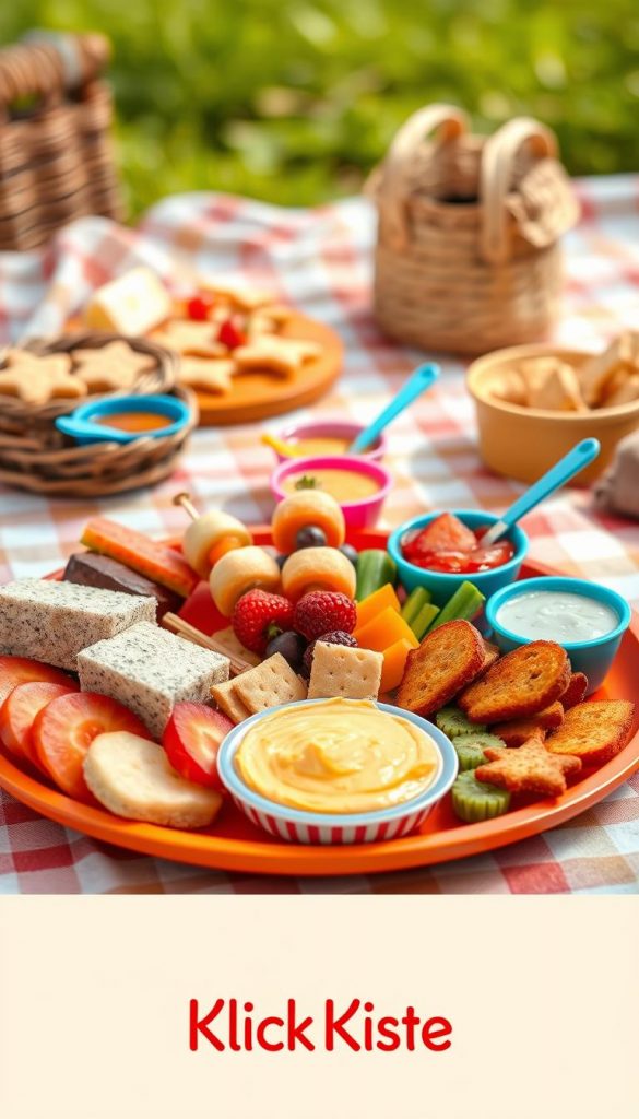 A beautifully arranged platter of colorful snacks designed for children, featuring a variety of healthy options such as sliced fruits, mini sandwiches, vegetable sticks with hummus, cheese cubes, and fun-shaped crackers. In the foreground, place the snacks on a vibrant, child-friendly plate, showcasing creativity in their presentation, such as a mini fruit kebab. The middle ground includes playful utensils and small, colorful cups filled with dipping sauces. The background features a soft, naturally lit picnic setting with a wooden table and a playful checkered tablecloth, evoking a warm and inviting atmosphere. The scene should embody an authentic and inspiring Pinterest aesthetic, with warm colors that appeal to both children and parents. Include the brand name "KlickKiste" subtly integrated into the table setting, ensuring a whimsical yet professional look. A beautifully arranged platter of colorful snacks designed for children, featuring a variety of healthy options such as sliced fruits, mini sandwiches, vegetable sticks with hummus, cheese cubes, and fun-shaped crackers. In the foreground, place the snacks on a vibrant, child-friendly plate, showcasing creativity in their presentation, such as a mini fruit kebab. The middle ground includes playful utensils and small, colorful cups filled with dipping sauces. The background features a soft, naturally lit picnic setting with a wooden table and a playful checkered tablecloth, evoking a warm and inviting atmosphere. The scene should embody an authentic and inspiring Pinterest aesthetic, with warm colors that appeal to both children and parents. Include the brand name "KlickKiste" subtly integrated into the table setting, ensuring a whimsical yet professional look.