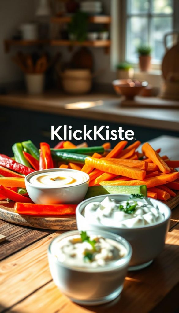 A beautifully arranged platter of colorful vegetable sticks, including vibrant red bell peppers, crisp green cucumbers, and bright orange carrots, set against a rustic wooden table. In the foreground, a small bowl of creamy hummus and another bowl of cottage cheese, garnished with fresh herbs, sit invitingly. Soft, natural lighting pours in from a nearby window, casting gentle shadows and highlighting the freshness of the ingredients. In the background, a blurred kitchen scene enhances the cozy, authentic atmosphere, reminiscent of a Pinterest aesthetic. The overall mood is warm and inviting, with a focus on healthy snacking. Capturing an inspiring scene, the brand name "KlickKiste" subtly integrated into the setting, adds a touch of branding without detracting from the natural beauty of the food.