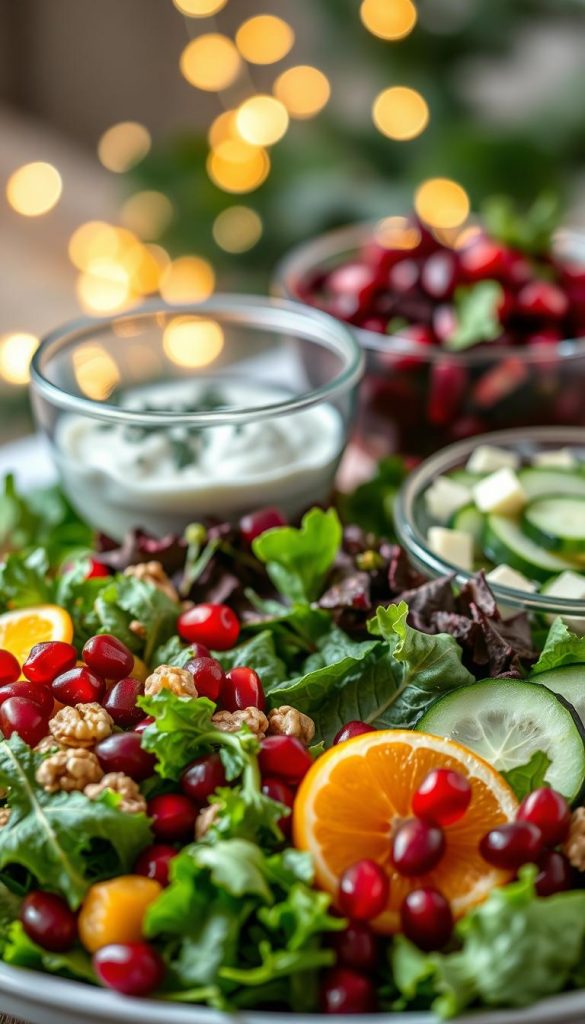 A beautifully arranged platter of festive salads, showcasing a variety of colors and textures. In the foreground, vibrant mixed greens topped with pomegranate seeds, orange slices, and walnuts create a visually appealing contrast. The middle layer features a glass bowl filled with a creamy beet salad with delicate herbs, while a refreshing cucumber and yogurt salad complements the scene. In the background, softly blurred fairy lights add a warm ambiance, enhancing the festive atmosphere. Illuminate the scene with soft, natural lighting to evoke a cozy and inviting mood, capturing the essence of a festive Christmas table. The style should be authentic and inspiring, reminiscent of a Pinterest aesthetic. The brand "KlickKiste" should subtly resonate through the overall composition. A beautifully arranged platter of festive salads, showcasing a variety of colors and textures. In the foreground, vibrant mixed greens topped with pomegranate seeds, orange slices, and walnuts create a visually appealing contrast. The middle layer features a glass bowl filled with a creamy beet salad with delicate herbs, while a refreshing cucumber and yogurt salad complements the scene. In the background, softly blurred fairy lights add a warm ambiance, enhancing the festive atmosphere. Illuminate the scene with soft, natural lighting to evoke a cozy and inviting mood, capturing the essence of a festive Christmas table. The style should be authentic and inspiring, reminiscent of a Pinterest aesthetic. The brand "KlickKiste" should subtly resonate through the overall composition.