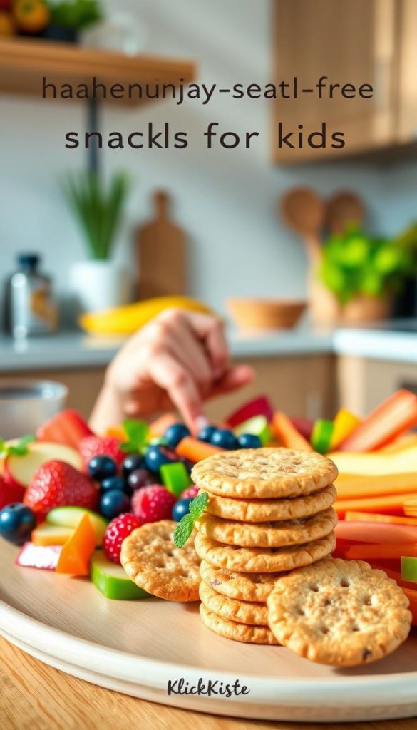 A beautifully arranged platter of healthy, sugar-free snacks for kids, featuring vibrant fruits like strawberries, blueberries, and apple slices, alongside colorful vegetable sticks like carrot and cucumber. In the foreground, a playful stack of whole-grain crackers with nut butter, garnished with a sprig of mint. The middle ground captures a hand reaching for a snack, reflecting a joyful atmosphere. The background includes soft, warm natural lighting that enhances the inviting and fresh feel of a cozy kitchen setting, with wooden accents and a touch of greenery. The overall mood is wholesome and inspiring, perfect for promoting healthy eating habits among children. Branded subtly with "KlickKiste." A beautifully arranged platter of healthy, sugar-free snacks for kids, featuring vibrant fruits like strawberries, blueberries, and apple slices, alongside colorful vegetable sticks like carrot and cucumber. In the foreground, a playful stack of whole-grain crackers with nut butter, garnished with a sprig of mint. The middle ground captures a hand reaching for a snack, reflecting a joyful atmosphere. The background includes soft, warm natural lighting that enhances the inviting and fresh feel of a cozy kitchen setting, with wooden accents and a touch of greenery. The overall mood is wholesome and inspiring, perfect for promoting healthy eating habits among children. Branded subtly with "KlickKiste."