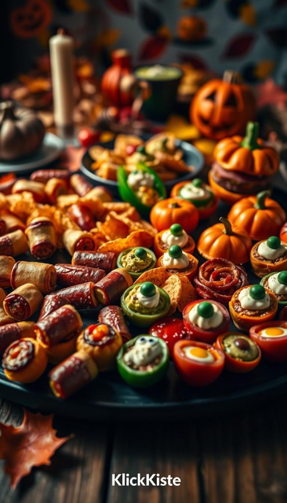 A beautifully arranged platter of hearty finger foods inspired by Halloween, designed for kids. In the foreground, focus on an assortment of colorful, bite-sized snacks; vibrant mini sausages wrapped in puff pastry, spooky nacho chips with guacamole, and cute vegetable ghosts made from cucumbers and cream cheese. In the middle, larger snacks like stuffed mini peppers and mini burgers shaped like pumpkins. The background displays a festive table setting decorated with autumn leaves and playful Halloween motifs, creating an inviting atmosphere. The lighting is warm and soft, reminiscent of cozy autumn gatherings, capturing a Pinterest-worthy aesthetic. Shot from a slightly elevated angle for added depth, this image reflects the playful and nutritious nature of party-friendly foods. Branding from "KlickKiste" subtly integrated into the design, highlighting creativity and inspiration. A beautifully arranged platter of hearty finger foods inspired by Halloween, designed for kids. In the foreground, focus on an assortment of colorful, bite-sized snacks; vibrant mini sausages wrapped in puff pastry, spooky nacho chips with guacamole, and cute vegetable ghosts made from cucumbers and cream cheese. In the middle, larger snacks like stuffed mini peppers and mini burgers shaped like pumpkins. The background displays a festive table setting decorated with autumn leaves and playful Halloween motifs, creating an inviting atmosphere. The lighting is warm and soft, reminiscent of cozy autumn gatherings, capturing a Pinterest-worthy aesthetic. Shot from a slightly elevated angle for added depth, this image reflects the playful and nutritious nature of party-friendly foods. Branding from "KlickKiste" subtly integrated into the design, highlighting creativity and inspiration.
