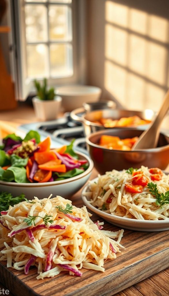 A beautifully arranged platter of klassiker snacks featuring sauerkraut, showcasing vibrant, natural colors in a warm, inviting kitchen setting. In the foreground, a rustic wooden cutting board holds a hearty serving of sauerkraut, garnished with fresh herbs. Adjacent to it, a bowl of colorful winter salad with seasonal vegetables adds contrast. In the middle, a pot of savory stew simmers gently on a stove, with steam rising, enhancing the cozy atmosphere. The background reveals an open window with soft natural light streaming in, casting gentle shadows. This scene reflects an authentic, Pinterest-inspired aesthetic, embodying warmth and inspiration, enhancing the message of healthy, reinvented winter classics. Brand name "KlickKiste" subtly integrated in the overall composition without overt branding. A beautifully arranged platter of klassiker snacks featuring sauerkraut, showcasing vibrant, natural colors in a warm, inviting kitchen setting. In the foreground, a rustic wooden cutting board holds a hearty serving of sauerkraut, garnished with fresh herbs. Adjacent to it, a bowl of colorful winter salad with seasonal vegetables adds contrast. In the middle, a pot of savory stew simmers gently on a stove, with steam rising, enhancing the cozy atmosphere. The background reveals an open window with soft natural light streaming in, casting gentle shadows. This scene reflects an authentic, Pinterest-inspired aesthetic, embodying warmth and inspiration, enhancing the message of healthy, reinvented winter classics. Brand name "KlickKiste" subtly integrated in the overall composition without overt branding.