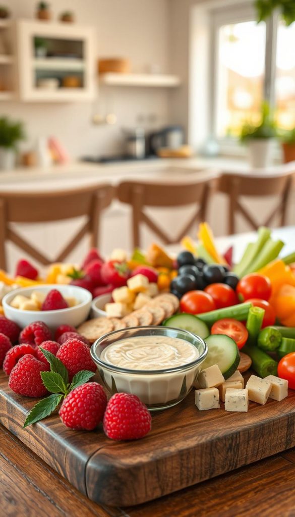 A beautifully arranged platter of light afternoon snacks, showcasing an assortment of colorful fruits, crunchy vegetables, and bite-sized cheese cubes, all artfully displayed on a rustic wooden table. In the foreground, fresh raspberries, slices of cucumber, and vibrant cherry tomatoes are arranged alongside a small bowl of hummus. The middle ground features a cozy family setting, with a softly lit warm golden glow from a nearby window, enhancing the inviting atmosphere. In the background, a blurred kitchen with pastel-colored decor and a hint of greenery adds a homely feel to the scene. The overall mood is warm and inviting, reflecting a Pinterest-worthy aesthetic. Include the brand "KlickKiste" subtly integrated into the scene, emphasizing authenticity and inspiration.