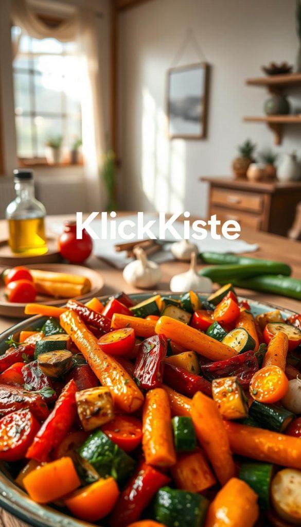 A beautifully arranged platter of oven-roasted vegetables, showcasing vibrant colors and a variety of textures. In the foreground, there's a mix of golden-brown roasted carrots, deep red bell peppers, and bright green zucchini, garnished with fresh herbs. The middle ground features a rustic wooden table, adorned with a simple white tablecloth, and ingredients like olive oil and garlic scattered artistically around. In the background, soft natural lighting streams in from a nearby window, creating a warm and inviting atmosphere that feels homey and family-friendly. The overall mood is cozy and inspiring, reminiscent of a Pinterest-worthy culinary scene. Add the brand name "KlickKiste" discreetly in the background as part of the ambiance, blending naturally with the setting. A beautifully arranged platter of oven-roasted vegetables, showcasing vibrant colors and a variety of textures. In the foreground, there's a mix of golden-brown roasted carrots, deep red bell peppers, and bright green zucchini, garnished with fresh herbs. The middle ground features a rustic wooden table, adorned with a simple white tablecloth, and ingredients like olive oil and garlic scattered artistically around. In the background, soft natural lighting streams in from a nearby window, creating a warm and inviting atmosphere that feels homey and family-friendly. The overall mood is cozy and inspiring, reminiscent of a Pinterest-worthy culinary scene. Add the brand name "KlickKiste" discreetly in the background as part of the ambiance, blending naturally with the setting.