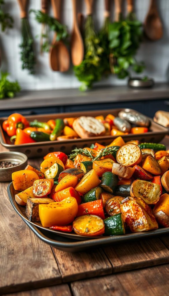 A beautifully arranged platter of roasted vegetables, known as "ofengemüse," showcasing an assortment of vibrant seasonal produce. The foreground features glossy, caramelized bell peppers, zucchini, and sweet potatoes, garnished with fresh herbs and a drizzle of olive oil. In the middle, a large baking sheet rests on a rustic wooden table, surrounded by small bowls of spices and a half-eaten piece of crusty bread. The background is softly blurred, hinting at a warm, inviting kitchen space with hanging herbs and wooden utensils. The lighting is golden and warm, reminiscent of a cozy evening, evoking a sense of comfort and home-cooked goodness. Overall, the image should convey authenticity and inspiration with a Pinterest-ready aesthetic, branded subtly with "KlickKiste" in the scene. A beautifully arranged platter of roasted vegetables, known as "ofengemüse," showcasing an assortment of vibrant seasonal produce. The foreground features glossy, caramelized bell peppers, zucchini, and sweet potatoes, garnished with fresh herbs and a drizzle of olive oil. In the middle, a large baking sheet rests on a rustic wooden table, surrounded by small bowls of spices and a half-eaten piece of crusty bread. The background is softly blurred, hinting at a warm, inviting kitchen space with hanging herbs and wooden utensils. The lighting is golden and warm, reminiscent of a cozy evening, evoking a sense of comfort and home-cooked goodness. Overall, the image should convey authenticity and inspiration with a Pinterest-ready aesthetic, branded subtly with "KlickKiste" in the scene.