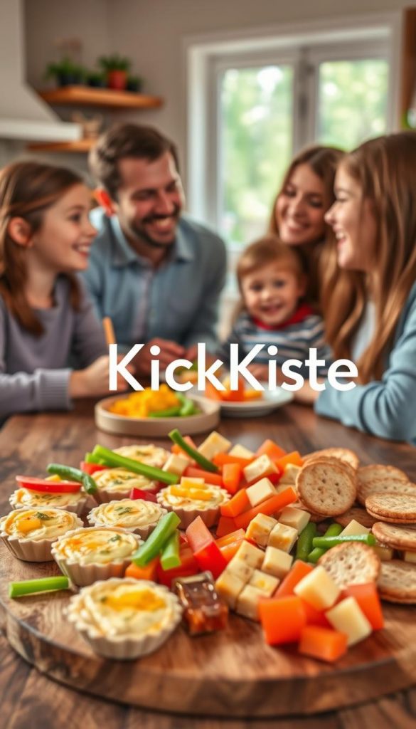 A beautifully arranged platter of savory snacks designed for children, featuring colorful bite-sized treats like mini quiches, veggie sticks with hummus, cheese cubes, and whole grain crackers. The foreground showcases the tempting snacks in vibrant colors, invitingly placed on a rustic wooden table. In the middle, a family of four is gathered around the table, laughing and enjoying the food, dressed in casual, modest clothing. The background has a warm, soft-focus kitchen setting with natural light streaming through a window, enhancing the cozy atmosphere. The overall mood is joyful and inviting, perfect for a family gathering. The image should capture a Pinterest-worthy aesthetic, highlighting the brand name "KlickKiste" in a subtle yet noticeable way, evoking a sense of healthy, enjoyable eating for children. A beautifully arranged platter of savory snacks designed for children, featuring colorful bite-sized treats like mini quiches, veggie sticks with hummus, cheese cubes, and whole grain crackers. The foreground showcases the tempting snacks in vibrant colors, invitingly placed on a rustic wooden table. In the middle, a family of four is gathered around the table, laughing and enjoying the food, dressed in casual, modest clothing. The background has a warm, soft-focus kitchen setting with natural light streaming through a window, enhancing the cozy atmosphere. The overall mood is joyful and inviting, perfect for a family gathering. The image should capture a Pinterest-worthy aesthetic, highlighting the brand name "KlickKiste" in a subtle yet noticeable way, evoking a sense of healthy, enjoyable eating for children.