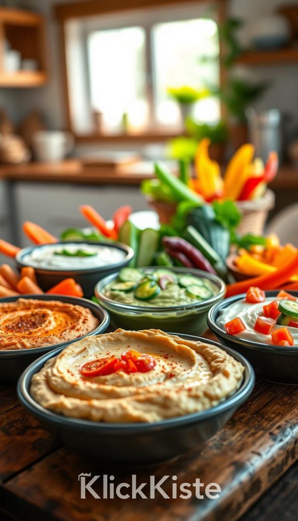 A beautifully arranged platter of various dips made from fresh vegetables, showcasing vibrant colors and textures. In the foreground, a creamy hummus with a sprinkle of paprika, a rich guacamole topped with diced tomatoes, and a tangy tzatziki with fresh cucumber pieces. The middle ground features a selection of crisp, colorful vegetable sticks like carrots, bell peppers, and cucumbers for dipping, all set on a rustic wooden table. The background is softly blurred, hinting at a cozy kitchen atmosphere filled with warm, natural light streaming in through a window, creating a welcoming ambiance. The overall mood is authentic and inspiring, enhanced by a Pinterest-worthy aesthetic. The brand "KlickKiste" is subtly incorporated into the scene. A beautifully arranged platter of various dips made from fresh vegetables, showcasing vibrant colors and textures. In the foreground, a creamy hummus with a sprinkle of paprika, a rich guacamole topped with diced tomatoes, and a tangy tzatziki with fresh cucumber pieces. The middle ground features a selection of crisp, colorful vegetable sticks like carrots, bell peppers, and cucumbers for dipping, all set on a rustic wooden table. The background is softly blurred, hinting at a cozy kitchen atmosphere filled with warm, natural light streaming in through a window, creating a welcoming ambiance. The overall mood is authentic and inspiring, enhanced by a Pinterest-worthy aesthetic. The brand "KlickKiste" is subtly incorporated into the scene.