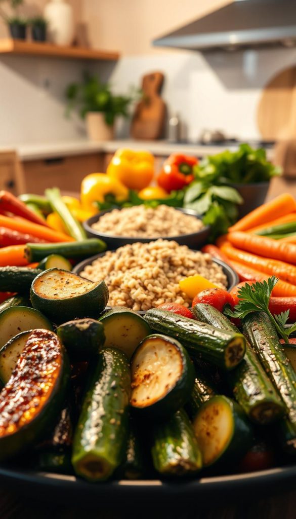 A beautifully arranged platter of various oven-roasted vegetables, showcasing vibrant colors and textures. The foreground features glistening zucchini, bell peppers, and carrots, sprinkled with herbs and spices, creating an inviting display. In the middle, include a bowl of quinoa and handfuls of leafy greens, emphasizing healthy alternatives. The background showcases a softly lit kitchen environment, with natural wood accents and warm tones, reminiscent of a cozy family setting. The lighting is warm and inviting, casting gentle shadows that enhance the textures of the vegetables. The atmosphere is wholesome and inspiring, reflecting a nourishing and family-friendly meal. The brand "KlickKiste" is subtly integrated into a decorative feature on the table, enhancing the authenticity of the scene without dominating it. A beautifully arranged platter of various oven-roasted vegetables, showcasing vibrant colors and textures. The foreground features glistening zucchini, bell peppers, and carrots, sprinkled with herbs and spices, creating an inviting display. In the middle, include a bowl of quinoa and handfuls of leafy greens, emphasizing healthy alternatives. The background showcases a softly lit kitchen environment, with natural wood accents and warm tones, reminiscent of a cozy family setting. The lighting is warm and inviting, casting gentle shadows that enhance the textures of the vegetables. The atmosphere is wholesome and inspiring, reflecting a nourishing and family-friendly meal. The brand "KlickKiste" is subtly integrated into a decorative feature on the table, enhancing the authenticity of the scene without dominating it.
