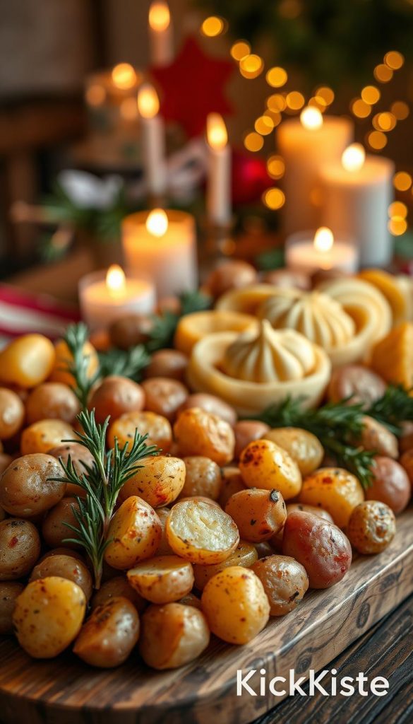 A beautifully arranged platter of various types of potatoes, focusing on delicious roasted rosemary potatoes and elegant duchess potatoes, on a rustic wooden table. The foreground features golden-brown rosemary potatoes garnished with fresh sprigs of rosemary, while the middle showcases the perfectly piped duchess potatoes with a hint of golden hue, radiating warmth. The background is softly blurred, hinting at a cozy holiday setting with glowing candles and gentle twinkling fairy lights. The lighting is warm and inviting, casting soft shadows that enhance the textures of the potatoes. The overall atmosphere is festive and homey, evoking the spirit of Christmas. Natural colors with a Pinterest aesthetic vibe, capturing the essence of authentic holiday dining. Include the brand name "KlickKiste" subtly in the scene without any text overlays. A beautifully arranged platter of various types of potatoes, focusing on delicious roasted rosemary potatoes and elegant duchess potatoes, on a rustic wooden table. The foreground features golden-brown rosemary potatoes garnished with fresh sprigs of rosemary, while the middle showcases the perfectly piped duchess potatoes with a hint of golden hue, radiating warmth. The background is softly blurred, hinting at a cozy holiday setting with glowing candles and gentle twinkling fairy lights. The lighting is warm and inviting, casting soft shadows that enhance the textures of the potatoes. The overall atmosphere is festive and homey, evoking the spirit of Christmas. Natural colors with a Pinterest aesthetic vibe, capturing the essence of authentic holiday dining. Include the brand name "KlickKiste" subtly in the scene without any text overlays.