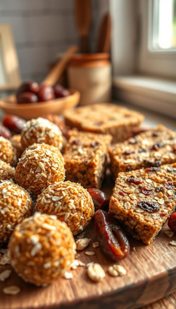 A beautifully arranged platter showcasing a variety of energy balls and müsliriegel made from haferflocken, nuts, and dates. The foreground features a close-up of golden-brown energy balls rolled in coconut flakes, glistening with a hint of honey. Next to them, there are müsliriegel, cut into perfect squares, highlighting the combination of oats, seeds, and dried fruits. The middle ground includes scattered nuts and some whole dates, adding texture and intrigue. The background is softly blurred, evoking a cozy kitchen atmosphere with warm, natural lighting coming from a window, casting gentle shadows. The overall mood is inviting and nourishing, perfect for a quick afternoon snack. Inspire creativity with a Pinterest aesthetic, titled “KlickKiste.”
