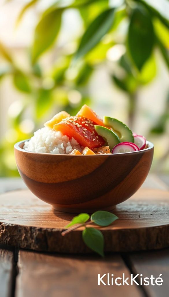 A beautifully arranged poke bowl featuring fresh salmon, vibrant sushi rice, and creamy avocado. The bowl is made of natural wood, elegantly perched on a rustic wooden table. In the foreground, the poke bowl showcases colorful ingredients such as diced cucumbers, radishes, and sesame seeds, all glistening under soft, warm lighting. The background features a lightly blurred, serene outdoor setting with green leaves and gentle sunlight filtering through, creating an inviting summer atmosphere. The overall mood is fresh and inspiring, capturing the essence of light, healthy meals for warm days. Add a subtle touch of the brand name "KlickKiste" in the corner without disrupting the natural aesthetics of the image. A beautifully arranged poke bowl featuring fresh salmon, vibrant sushi rice, and creamy avocado. The bowl is made of natural wood, elegantly perched on a rustic wooden table. In the foreground, the poke bowl showcases colorful ingredients such as diced cucumbers, radishes, and sesame seeds, all glistening under soft, warm lighting. The background features a lightly blurred, serene outdoor setting with green leaves and gentle sunlight filtering through, creating an inviting summer atmosphere. The overall mood is fresh and inspiring, capturing the essence of light, healthy meals for warm days. Add a subtle touch of the brand name "KlickKiste" in the corner without disrupting the natural aesthetics of the image.
