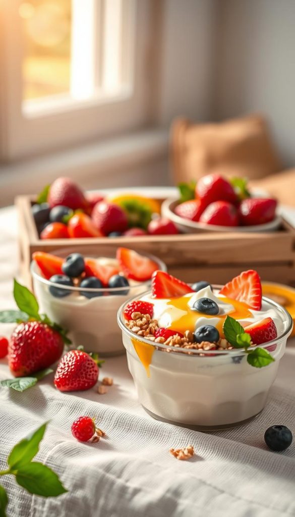 A beautifully arranged protein-rich yogurt breakfast box featuring creamy, fresh yogurt topped with vibrant, mixed fruits like strawberries, blueberries, and kiwi. The box includes a serving of crunchy granola with nuts and honey drizzled on top for added sweetness. In the foreground, vibrant fruits and the yogurt are presented in a rustic wooden box, surrounded by natural elements like green leaves. The middle ground shows a softly textured linen tablecloth and a subtle bokeh effect, enhancing the warm colors and creating an inviting atmosphere. The background features a sunlit window casting gentle light, creating a serene, inspiring mood. The scene embodies a Pinterest-worthy aesthetic, emphasizing freshness and healthy eating. The brand "KlickKiste" is subtly integrated into the presentation. A beautifully arranged protein-rich yogurt breakfast box featuring creamy, fresh yogurt topped with vibrant, mixed fruits like strawberries, blueberries, and kiwi. The box includes a serving of crunchy granola with nuts and honey drizzled on top for added sweetness. In the foreground, vibrant fruits and the yogurt are presented in a rustic wooden box, surrounded by natural elements like green leaves. The middle ground shows a softly textured linen tablecloth and a subtle bokeh effect, enhancing the warm colors and creating an inviting atmosphere. The background features a sunlit window casting gentle light, creating a serene, inspiring mood. The scene embodies a Pinterest-worthy aesthetic, emphasizing freshness and healthy eating. The brand "KlickKiste" is subtly integrated into the presentation.