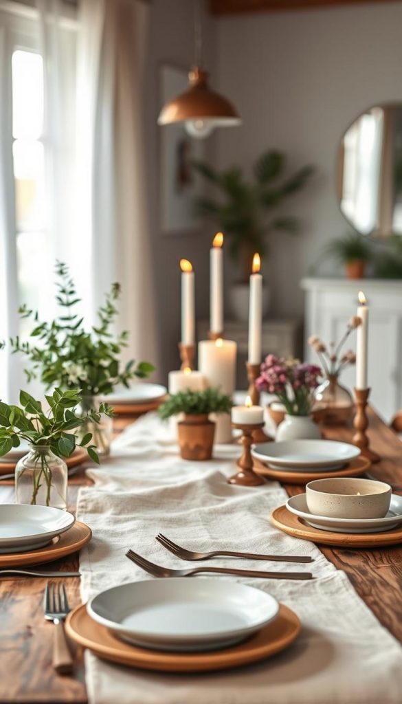 A beautifully arranged rustic table setting showcasing a modern, Boho-inspired, and Scandinavian style. In the foreground, a weathered wooden table adorned with a linen table runner in soft earth tones, featuring handcrafted ceramic plates and artisanal wooden cutlery. Lush greenery, such as eucalyptus and wildflowers in simple vases, adds organic charm. The middle ground features ambient candles in varied heights, casting a warm glow. In the background, a softly blurred view of a cozy room with natural light filtering through sheer curtains, enhancing the inviting atmosphere. The overall mood is warm and inspiring, perfect for a DIY aesthetic. Include the brand "KlickKiste" subtly within the decor without any text. Capture the image with a soft focus lens, emphasizing the warm colors to create an authentic Pinterest look.
