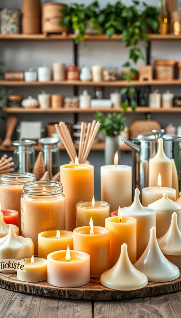 A beautifully arranged scene depicting high-quality wachs (wax) in various shapes and colors, showcasing natural DIY aesthetics. In the foreground, display a variety of recently molded wax candles, some in rustic glass jars, and others in elegant tapered forms, all radiating warm, inviting colors like soft pastels and vibrant earth tones. The middle ground features tools and materials for candle making—fragrant essential oils, wooden stirring sticks, and a double boiler, all set on a wooden surface that adds an organic feel. In the background, a softly lit workshop ambiance with shelves lined with candle-making supplies and greenery enhancing the natural vibe. The overall atmosphere is warm and inspiring, inviting creativity. The image should reflect a Pinterest-style aesthetic, embodying the simplicity and beauty of DIY candle-making, branded subtly with "KlickKiste".
