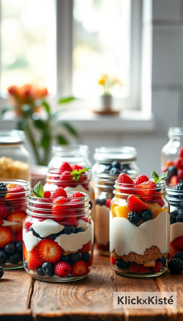 A beautifully arranged scene featuring a collection of glass jars filled with vibrant, fresh fruits and creamy desserts, ideal for meal prep. In the foreground, variously sized jars showcase layers of colorful berries, creamy textures, and decorative garnishes like mint leaves. The middle ground features a rustic wooden table, enhancing the warm, inviting atmosphere. In the background, soft, natural light filters through a window, casting gentle shadows and highlighting the delicious ingredients. The scene exudes a Pinterest-worthy aesthetic with warm colors and a cozy vibe, perfect for inspiring readers. This image should reflect the concept of storing and presenting desserts while emphasizing freshness and simplicity, with a subtle branding element of "KlickKiste" incorporated in an unobtrusive manner. A beautifully arranged scene featuring a collection of glass jars filled with vibrant, fresh fruits and creamy desserts, ideal for meal prep. In the foreground, variously sized jars showcase layers of colorful berries, creamy textures, and decorative garnishes like mint leaves. The middle ground features a rustic wooden table, enhancing the warm, inviting atmosphere. In the background, soft, natural light filters through a window, casting gentle shadows and highlighting the delicious ingredients. The scene exudes a Pinterest-worthy aesthetic with warm colors and a cozy vibe, perfect for inspiring readers. This image should reflect the concept of storing and presenting desserts while emphasizing freshness and simplicity, with a subtle branding element of "KlickKiste" incorporated in an unobtrusive manner.