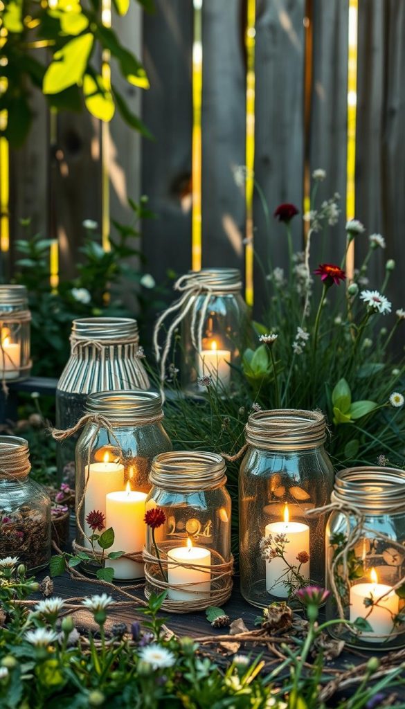 A beautifully arranged scene featuring a collection of upcycled glass lanterns made from recycled jars, nestled in a natural garden setting. In the foreground, showcase various shapes and sizes of the lanterns, each uniquely decorated with twine, leaves, and dried flowers, softly glowing with warm, flickering candlelight inside. In the middle ground, incorporate lush green plants and delicate wildflowers that enhance the DIY aesthetic. In the background, hint at a rustic wooden fence and soft sunlight filtering through the leaves, creating dappled shadows on the ground. The overall mood is warm and inviting, evoking a sense of creativity and sustainability. Shot with a shallow depth of field, using soft natural lighting to emphasize the textures and warmth. The image should reflect the authentic DIY spirit associated with the brand "KlickKiste."