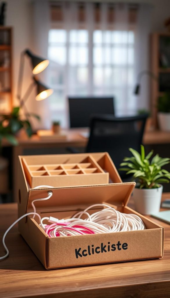 A beautifully arranged scene featuring a stylish "KlickKiste" cardboard storage box designed for organizing cables and clutter. In the foreground, the box is open, revealing neatly coiled cables in pastel colors, creating a tidy and inviting look. The middle layer includes additional upcycled cardboard organizers, such as small dividers and trays, all softly illuminated by warm, natural lighting, enhancing the cozy atmosphere. The background showcases a softly blurred home office setting with hints of greenery and warm wooden accents, inviting a sense of calm and inspiration. The image captures a Pinterest-worthy aesthetic with an authentic DIY vibe, evoking feelings of order and creativity in everyday spaces.
