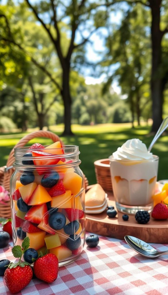 A beautifully arranged scene featuring a variety of colorful desserts in glass containers, highlighting a fresh fruit salad and a creamy dessert perfect for spoons. In the foreground, a clear glass jar filled with vibrant diced fruits like strawberries, blueberries, kiwi, and mango, creating an appealing contrast against the smooth white dessert layered with whipped cream. The middle ground showcases a wooden picnic table adorned with a checkered cloth, accentuating the natural picnic setting. Soft, warm lighting filters through the trees, casting gentle shadows and creating an inviting atmosphere. The background features a lush green park setting with soft-focus trees and a blue sky, evoking a serene and cheerful mood. Inspired by the aesthetic of "KlickKiste," the overall composition is authentic, inspiring, and visually appealing, perfect for showcasing sweet treats for a picnic. A beautifully arranged scene featuring a variety of colorful desserts in glass containers, highlighting a fresh fruit salad and a creamy dessert perfect for spoons. In the foreground, a clear glass jar filled with vibrant diced fruits like strawberries, blueberries, kiwi, and mango, creating an appealing contrast against the smooth white dessert layered with whipped cream. The middle ground showcases a wooden picnic table adorned with a checkered cloth, accentuating the natural picnic setting. Soft, warm lighting filters through the trees, casting gentle shadows and creating an inviting atmosphere. The background features a lush green park setting with soft-focus trees and a blue sky, evoking a serene and cheerful mood. Inspired by the aesthetic of "KlickKiste," the overall composition is authentic, inspiring, and visually appealing, perfect for showcasing sweet treats for a picnic.