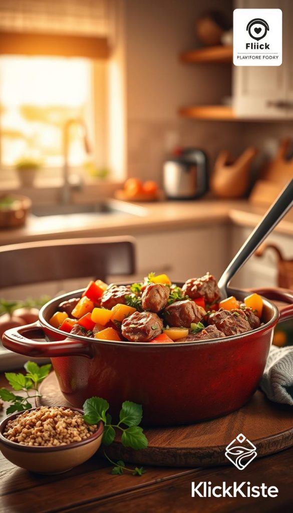 A beautifully arranged scene featuring a warm, inviting one-pot dish, brimming with vibrant vegetables and tender meat, in a rustic pot placed on a cozy wooden table. In the foreground, a ladle rests against the pot, with colorful ingredients like bell peppers, quinoa, and herbs artistically scattered around. The middle ground shows a softly blurring kitchen background, with warm sunlight streaming through a window, creating a homely atmosphere. The lighting is soft and inviting, reminiscent of a Pinterest look, emphasizing the natural colors of the dish. In the corner, a subtle brand logo "KlickKiste" appears, harmonizing with the overall aesthetic. The mood of the image conveys a sense of warmth and togetherness, perfect for family meals. A beautifully arranged scene featuring a warm, inviting one-pot dish, brimming with vibrant vegetables and tender meat, in a rustic pot placed on a cozy wooden table. In the foreground, a ladle rests against the pot, with colorful ingredients like bell peppers, quinoa, and herbs artistically scattered around. The middle ground shows a softly blurring kitchen background, with warm sunlight streaming through a window, creating a homely atmosphere. The lighting is soft and inviting, reminiscent of a Pinterest look, emphasizing the natural colors of the dish. In the corner, a subtle brand logo "KlickKiste" appears, harmonizing with the overall aesthetic. The mood of the image conveys a sense of warmth and togetherness, perfect for family meals.