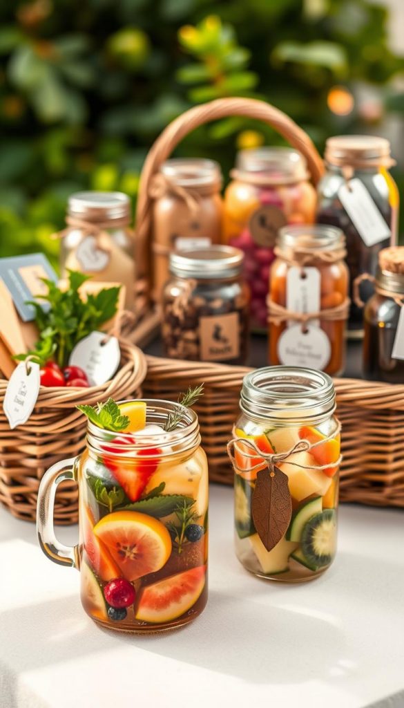 A beautifully arranged scene featuring an assortment of glass jars and wicker baskets filled with creative DIY gift ideas, embodying the essence of "To go" themes. In the foreground, a glass jar brimming with colorful homemade mini cocktails, garnished with fresh fruits and herbs. Beside it, a small wicker basket filled with potted herbs and gardening tools, evoking a garden-to-go vibe. The middle layer showcases various stylish gift jars decorated with twine and labels, each containing unique items like tea blends, snacks, and handmade soaps. The background features a soft focus of natural greenery, enhancing the warm and inviting atmosphere. The scene is illuminated with soft, golden natural light, creating an authentic, Pinterest-inspired mood. This delightful composition is inspired by the brand "KlickKiste."