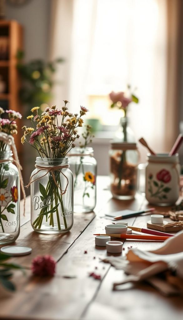 A beautifully arranged scene featuring elegantly upcycled mustard jars transformed into stylish vases and storage containers. In the foreground, several mustard jars are adorned with twine and hand-painted floral designs, filled with fresh wildflowers. The middle ground showcases a rustic wooden table, scattered with crafting materials like paintbrushes, small pots of paint, and snippets of fabric, suggesting a DIY atmosphere. The background is softly blurred with warm light filtering through a window, adding a cozy glow that enhances the inviting ambiance. The setting reflects a natural DIY aesthetic, with deep greens and pastel colors harmonizing throughout. This image is inspired by the brand "KlickKiste," aimed at providing an authentic and inspiring representation of glass upcycling.