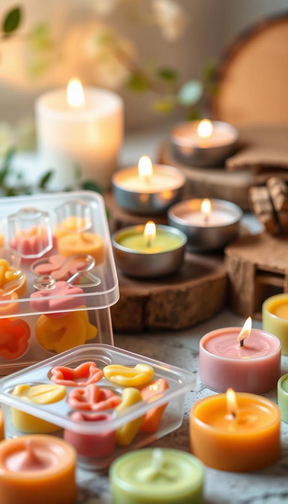 A beautifully arranged scene featuring silicone molds designed for creating tealights and mini candles. In the foreground, focus on a clear silicone mold filled with colorful wax, showcasing intricate details of the shapes within. Surround the mold with vibrant, freshly poured mini candles in various sizes, displayed in warm, earthy tones—soft yellows, blush pinks, and gentle greens—that evoke a cozy atmosphere. In the middle ground, include shimmering tealights lit with soft, flickering flames that add a warm glow. The background features a soft, blurred natural setting with hints of greenery, enhancing the DIY feel. Integrate a touch of rustic wooden elements to ground the composition. Utilize soft, diffused lighting to create an inviting and inspiring mood, capturing the essence of natural DIY creativity. Include a subtle logo of "KlickKiste" in a tasteful manner, harmoniously integrated into the scene, ensuring it remains unobtrusive.